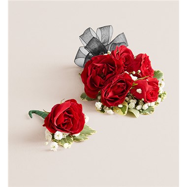 Red Spray Corsage & Bout -Black Bow